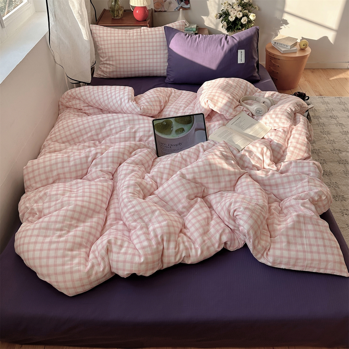 91家纺网 家纺一手货源 找家纺 三朵家纺 2026新款全棉纯棉双层纱方糖系列四件套 方糖-粉