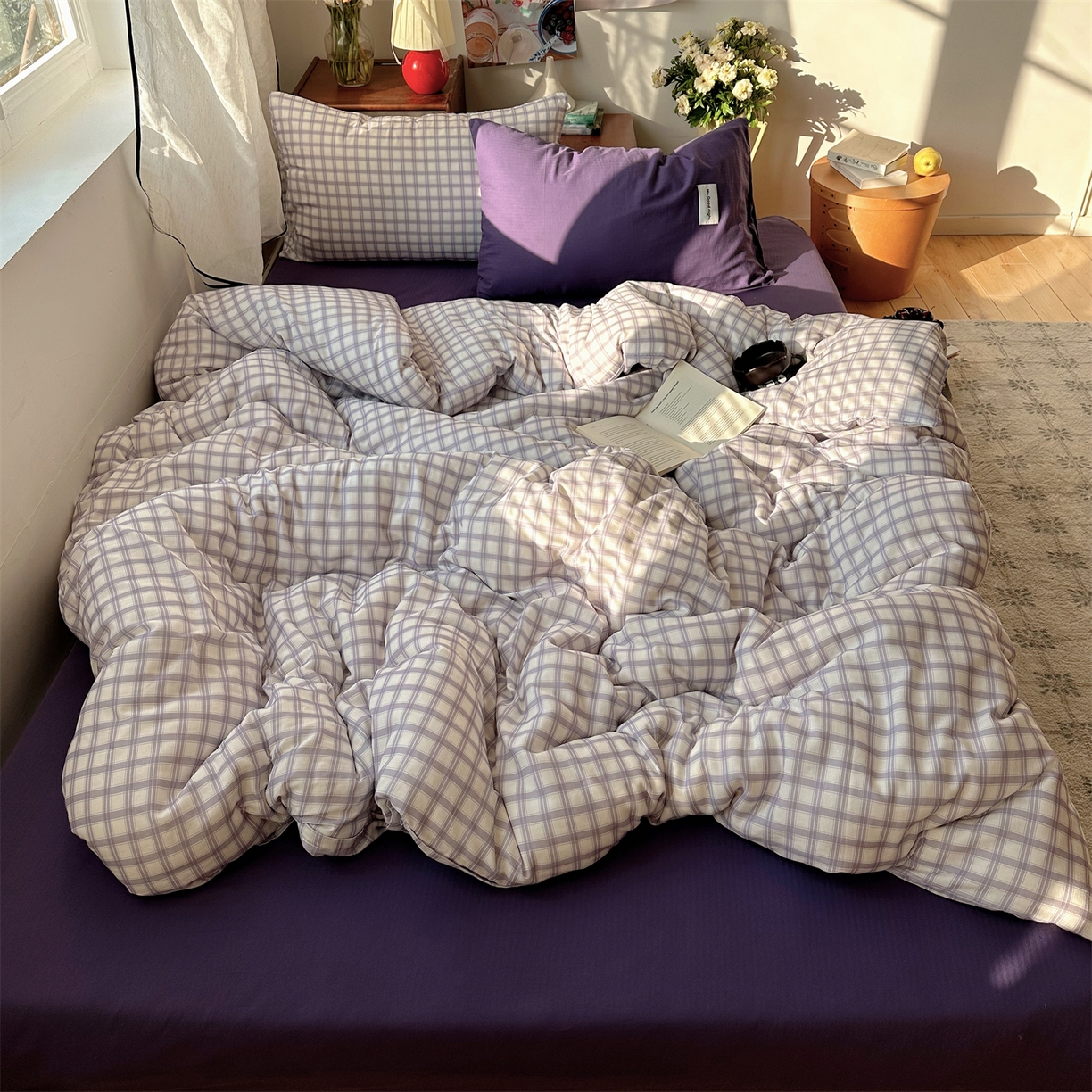 91家纺网 家纺一手货源 找家纺 三朵家纺 2026新款全棉纯棉双层纱方糖系列四件套 方糖-紫