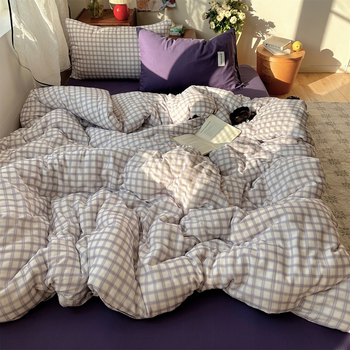 91家纺网 家纺一手货源 找家纺 三朵家纺 2026新款全棉纯棉双层纱方糖系列四件套 方糖-紫