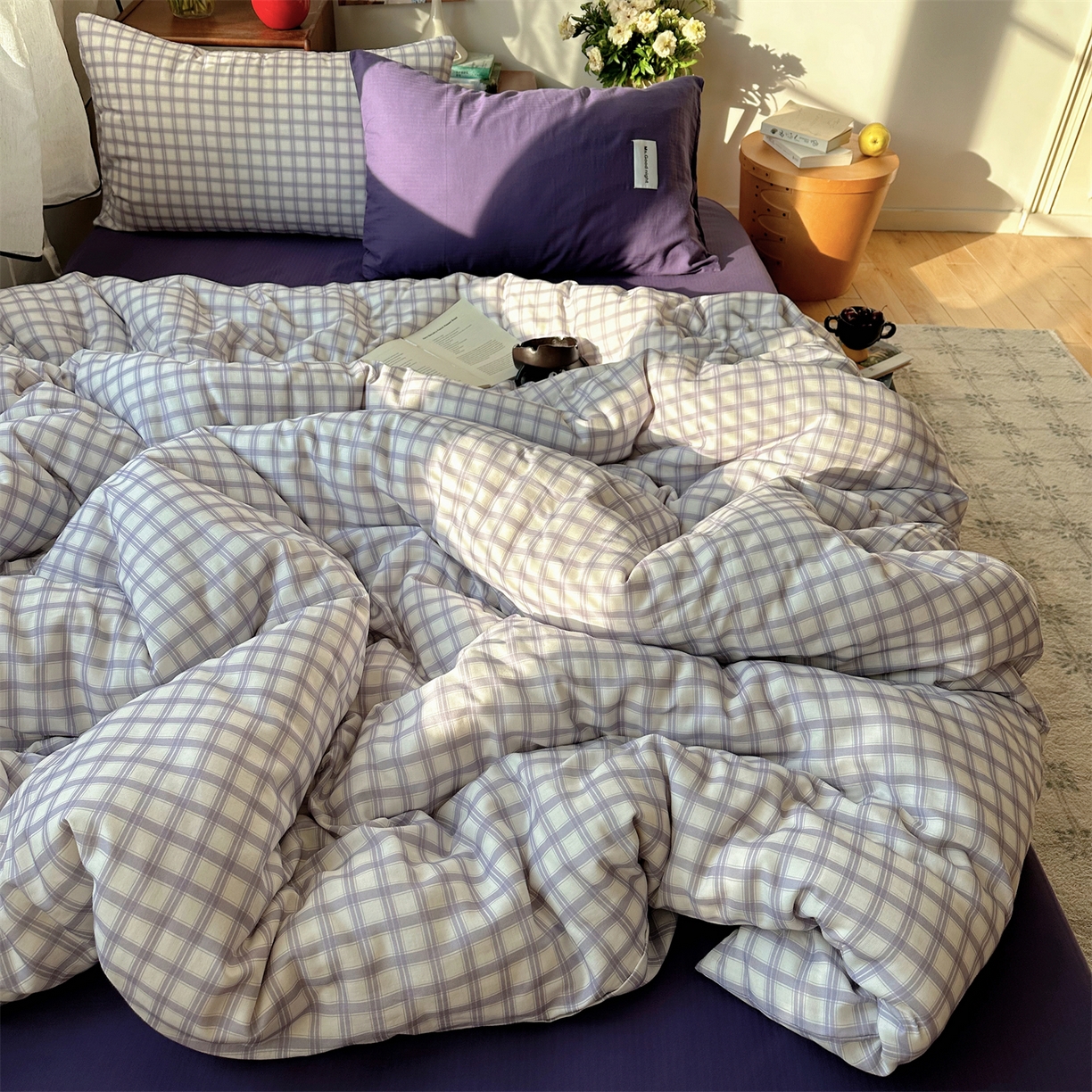 91家纺网 家纺一手货源 找家纺 三朵家纺 2026新款全棉纯棉双层纱方糖系列四件套 方糖-紫