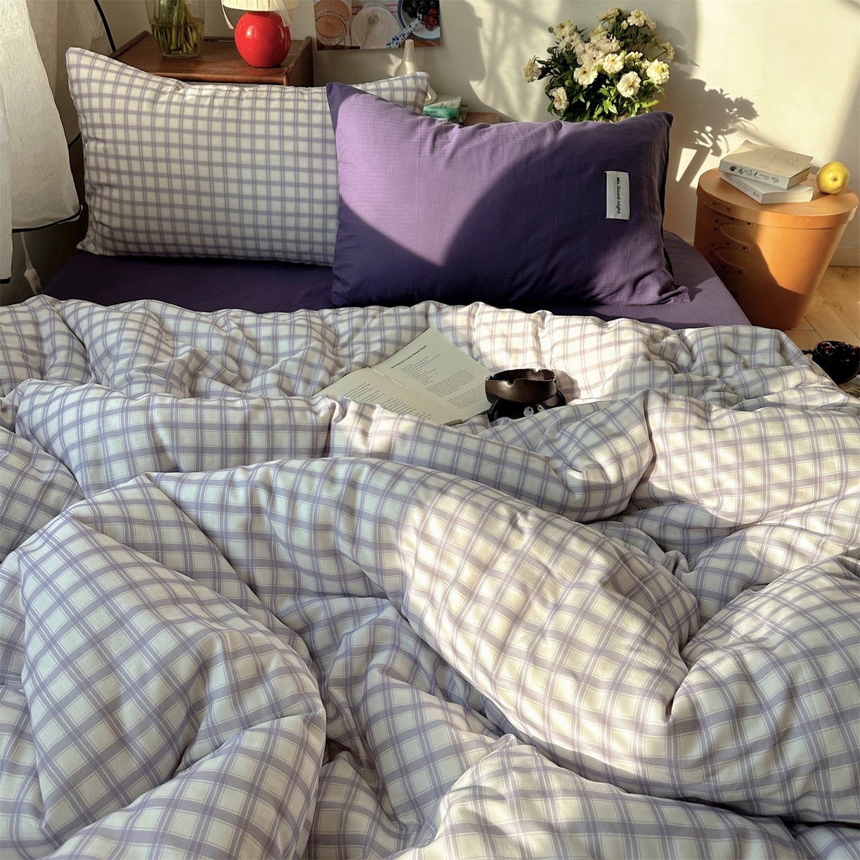 91家纺网 家纺一手货源 找家纺 三朵家纺 2026新款全棉纯棉双层纱方糖系列四件套 方糖-紫