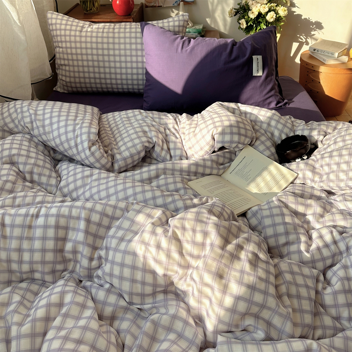 91家纺网 家纺一手货源 找家纺 三朵家纺 2026新款全棉纯棉双层纱方糖系列四件套 方糖-紫