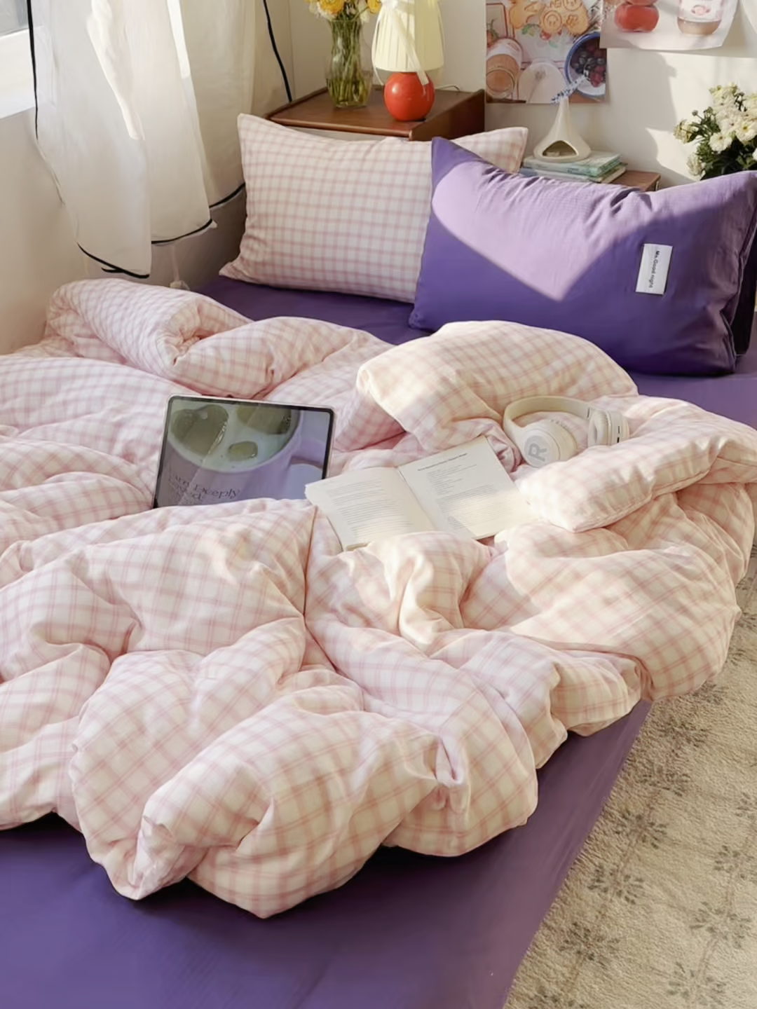 91家纺网 家纺一手货源 找家纺 三朵家纺 2026新款全棉纯棉双层纱方糖系列四件套 方糖-粉