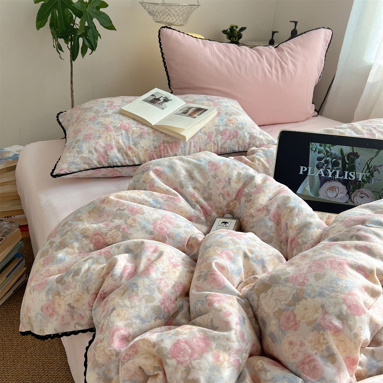 91家纺网 家纺一手货源 找家纺 （总）三朵家纺 2026新款全棉纯棉双层纱小黑花边四件套