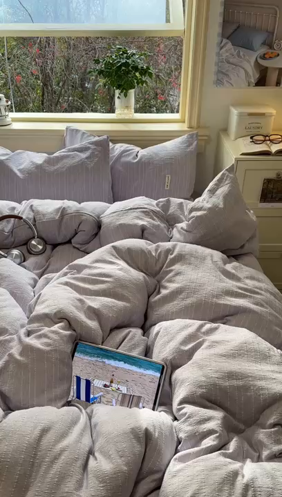 91家纺网 家纺一手货源 找家纺 优兰朵家纺 2026新款简约素色亚麻风纯色无印四件套 浅紫-素然