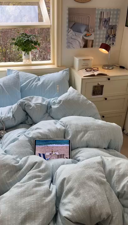 91家纺网 家纺一手货源 找家纺 优兰朵家纺 2026新款简约素色亚麻风纯色无印四件套 天蓝-素然