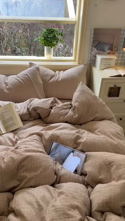 91家纺网 家纺一手货源 找家纺 优兰朵家纺 2026新款简约素色亚麻风纯色无印四件套 咖色-素然