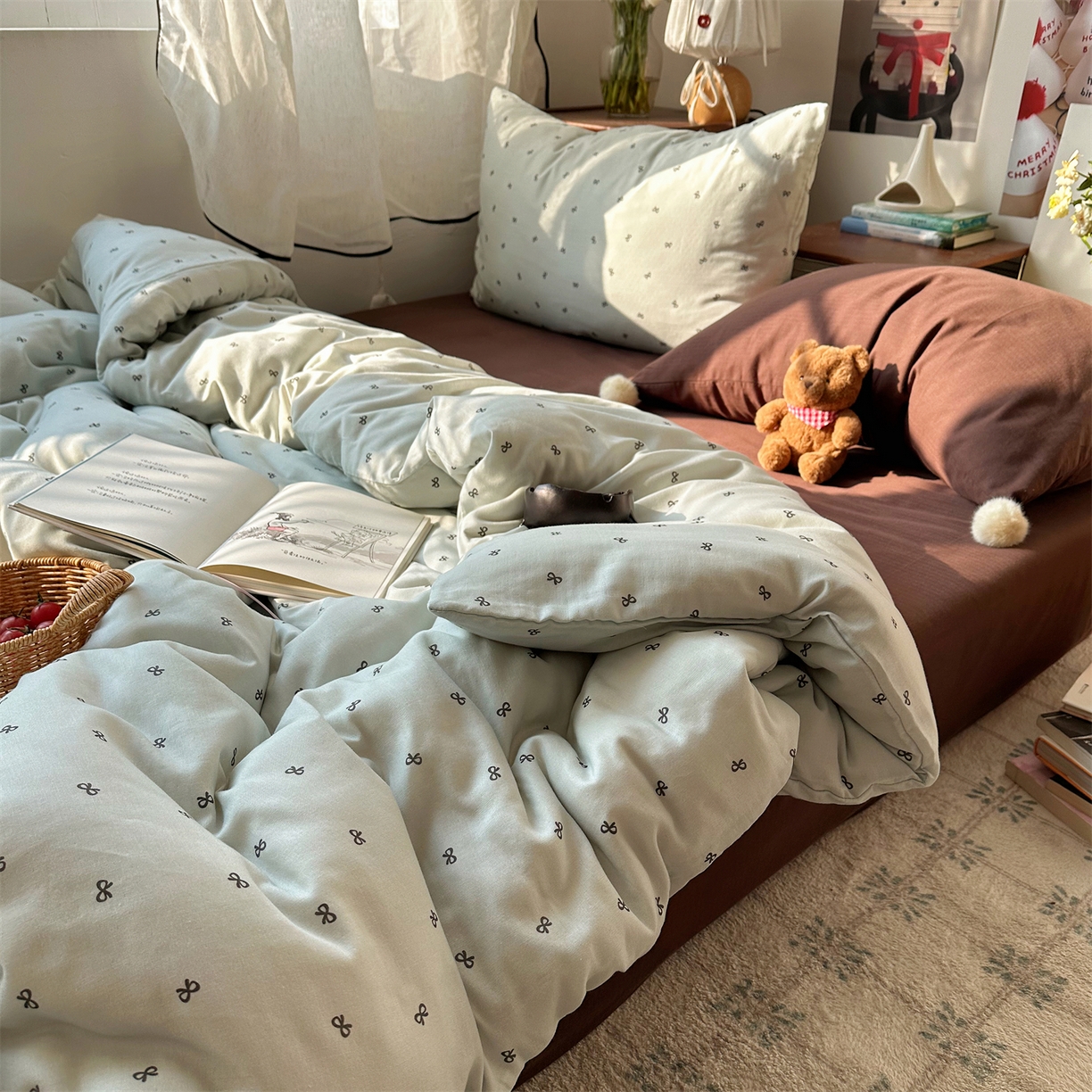 91家纺网 家纺一手货源 找家纺 三朵家纺 2026新款全棉纯棉双层纱小毛球系列四件套 蝴蝶结-蓝