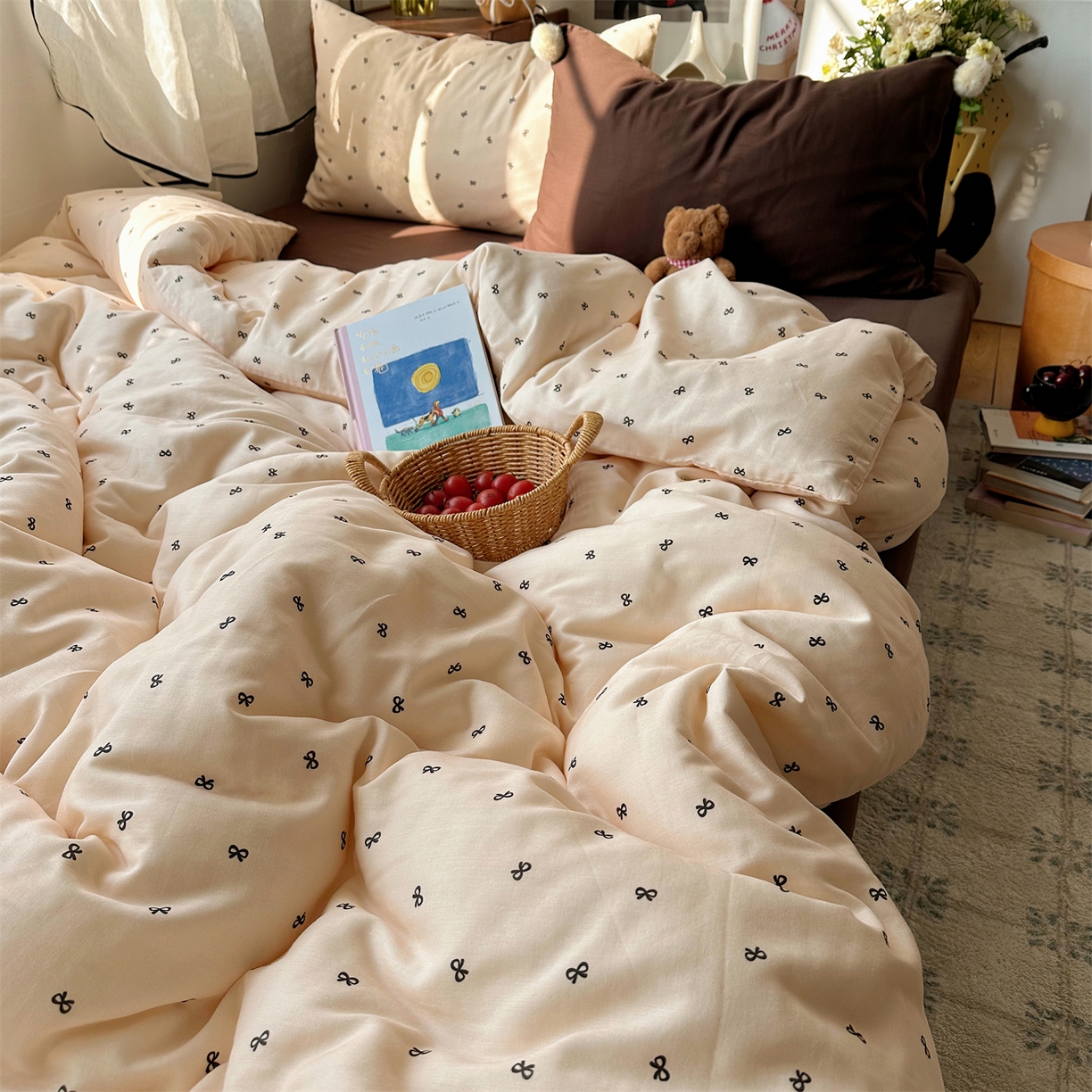 91家纺网 家纺一手货源 找家纺 三朵家纺 2026新款全棉纯棉双层纱小毛球系列四件套 蝴蝶结-米