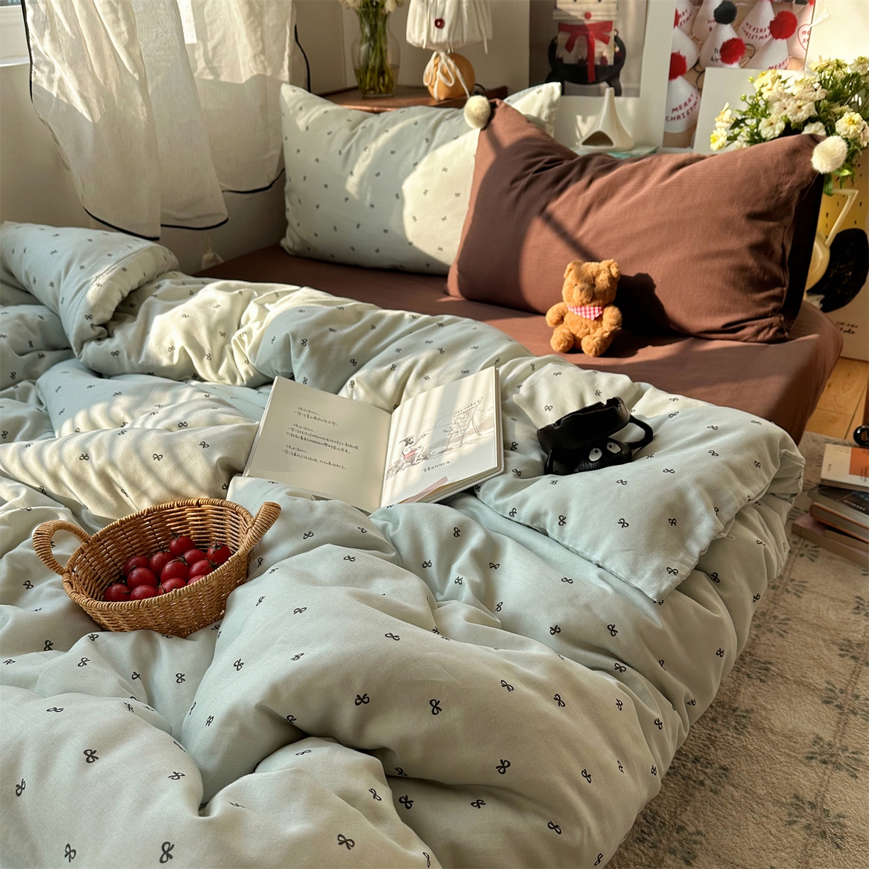 91家纺网 家纺一手货源 找家纺 三朵家纺 2026新款全棉纯棉双层纱小毛球系列四件套 蝴蝶结-蓝