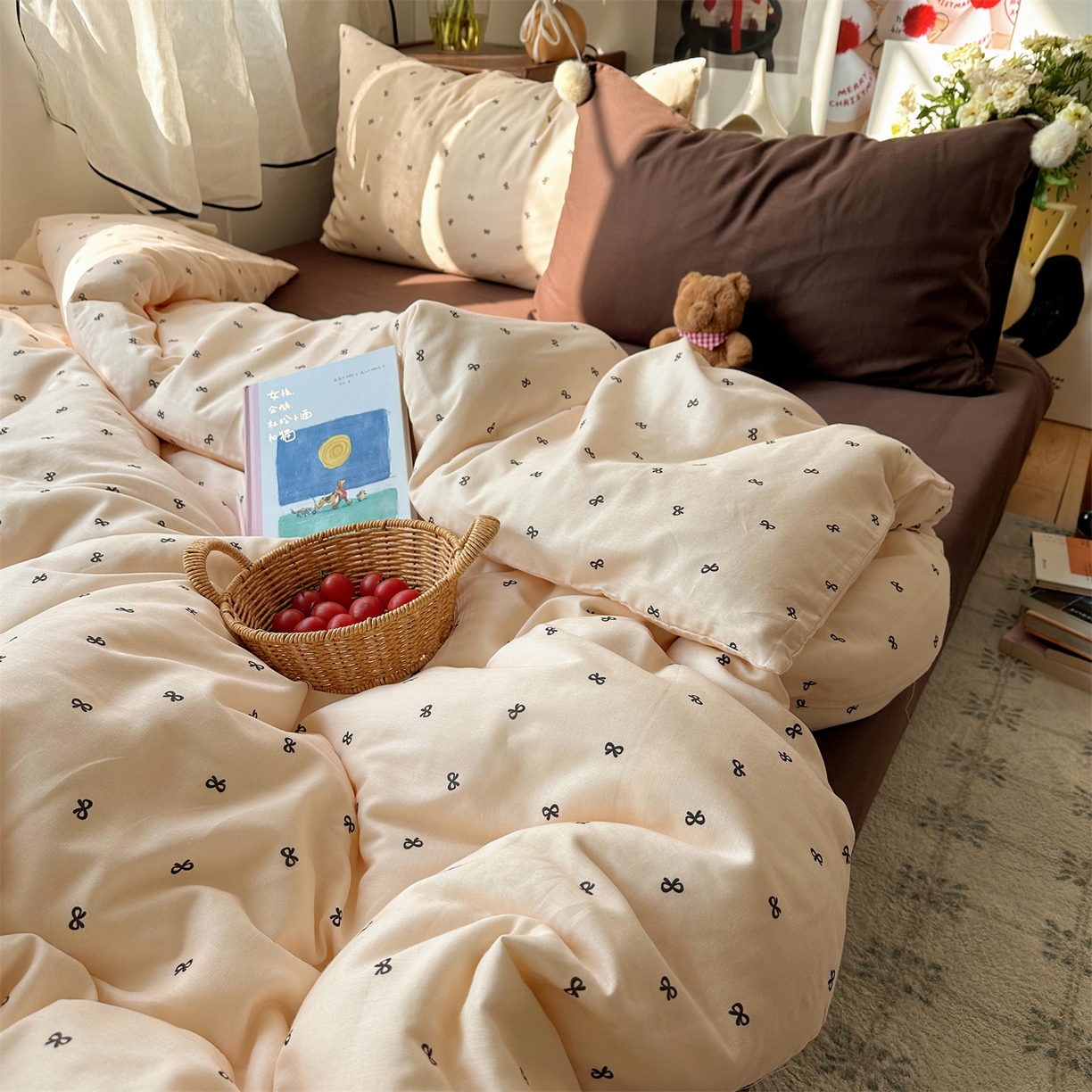 91家纺网 家纺一手货源 找家纺 三朵家纺 2026新款全棉纯棉双层纱小毛球系列四件套 蝴蝶结-米