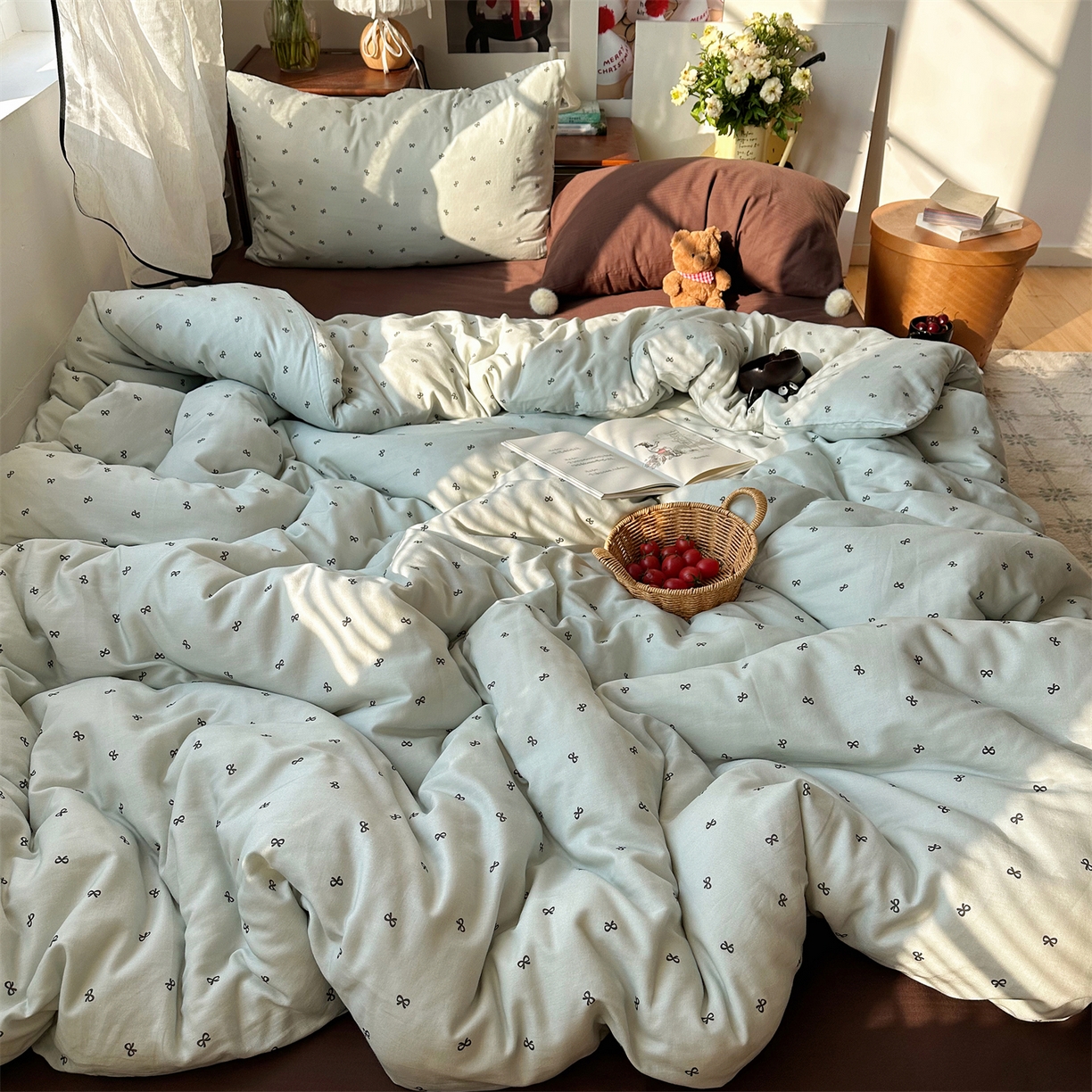 91家纺网 家纺一手货源 找家纺 三朵家纺 2026新款全棉纯棉双层纱小毛球系列四件套 蝴蝶结-蓝