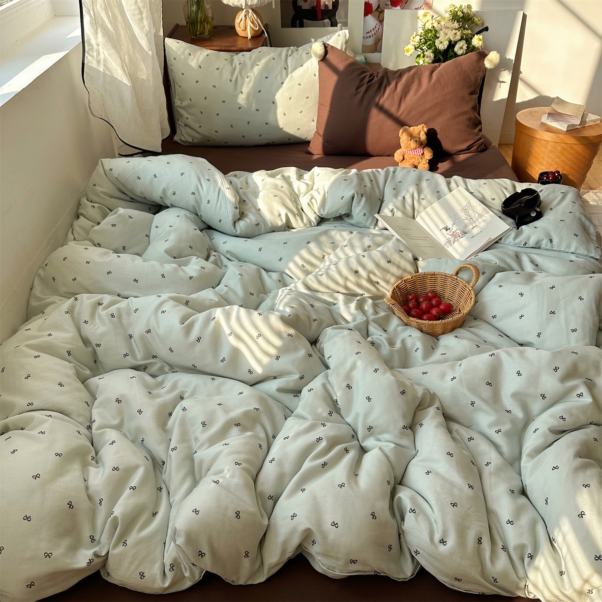 91家纺网 家纺一手货源 找家纺 三朵家纺 2026新款全棉纯棉双层纱小毛球系列四件套 蝴蝶结-蓝