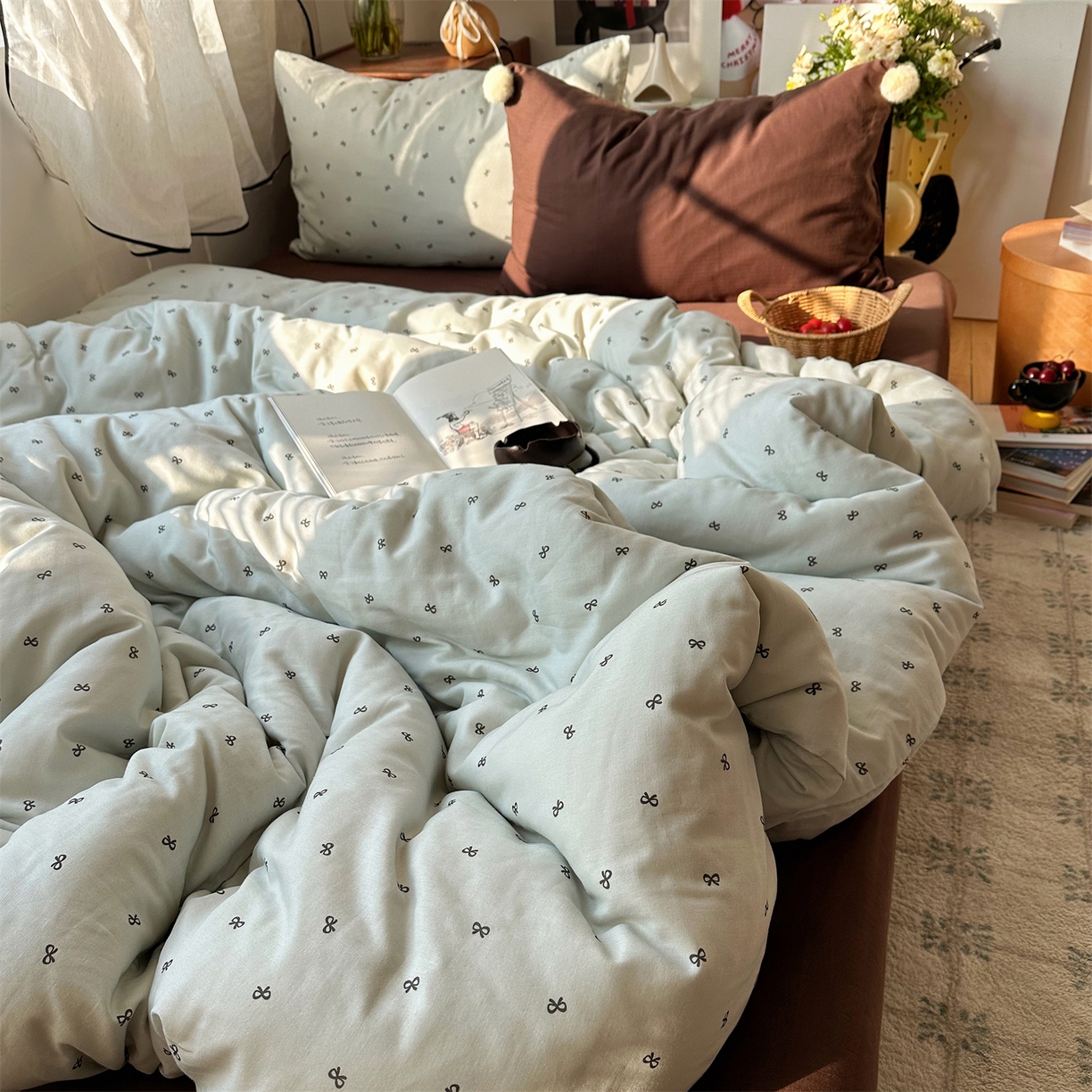 91家纺网 家纺一手货源 找家纺 三朵家纺 2026新款全棉纯棉双层纱小毛球系列四件套 蝴蝶结-蓝