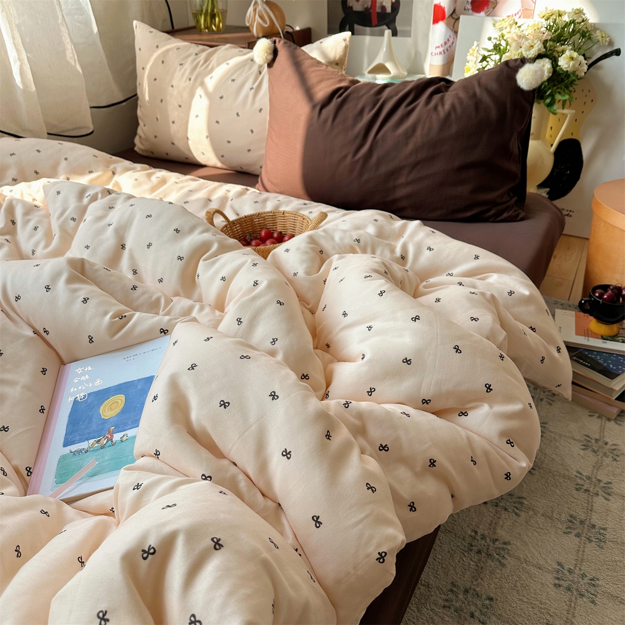 91家纺网 家纺一手货源 找家纺 三朵家纺 2026新款全棉纯棉双层纱小毛球系列四件套 蝴蝶结-米