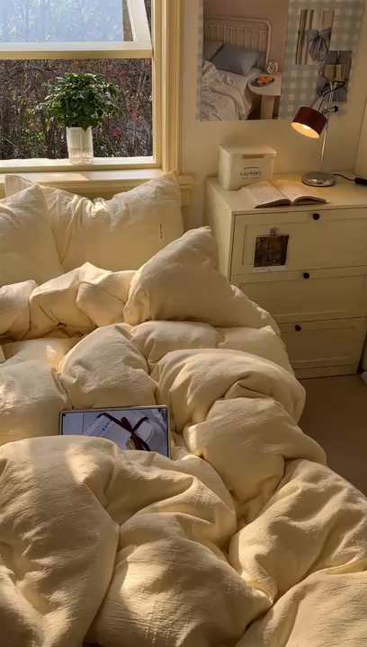 91家纺网 家纺一手货源 找家纺 优兰朵家纺 2026新款简约素色亚麻风纯色无印四件套 米黄-素然