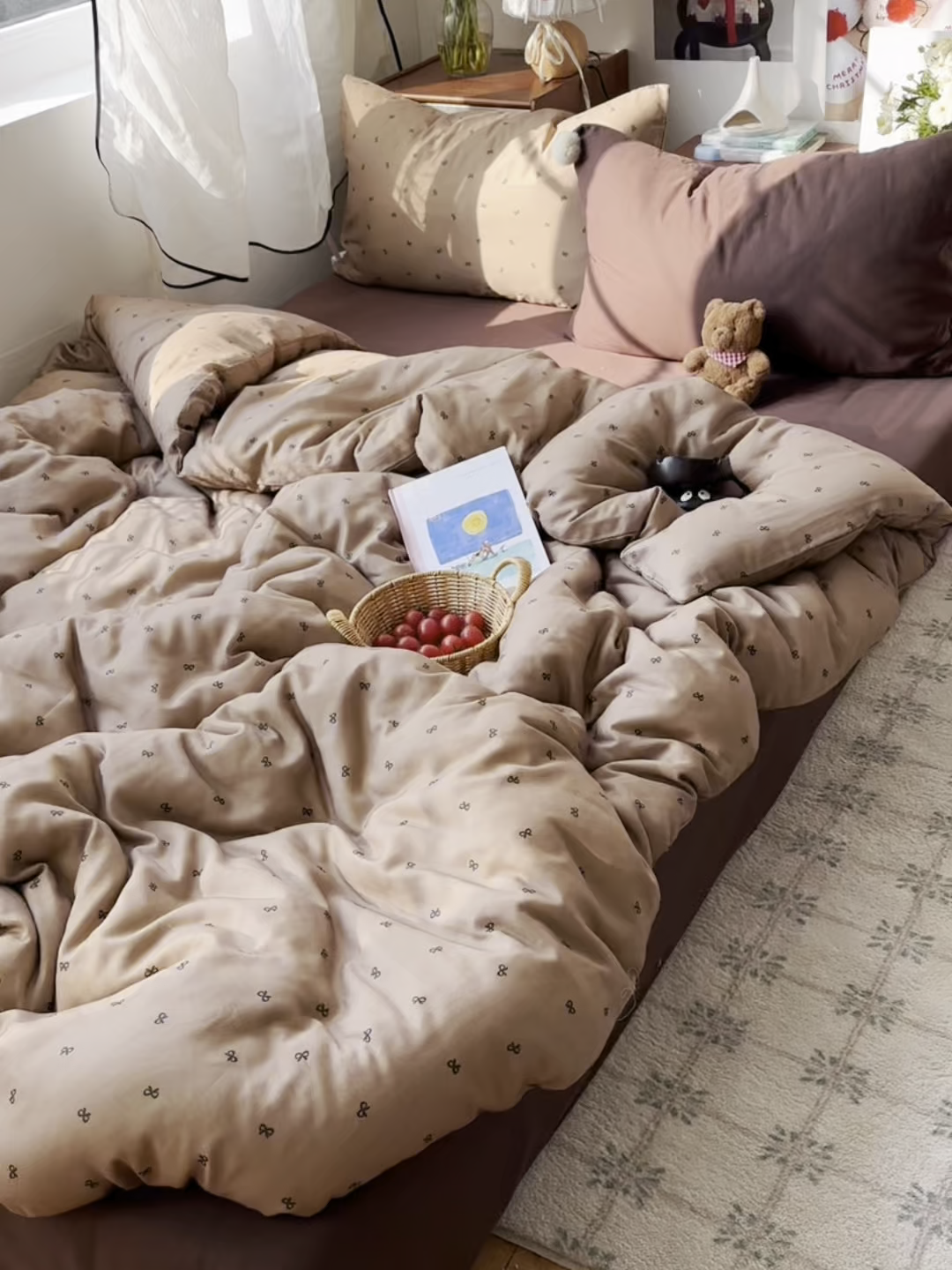 91家纺网 家纺一手货源 找家纺 三朵家纺 2026新款全棉纯棉双层纱小毛球系列四件套 蝴蝶结-咖