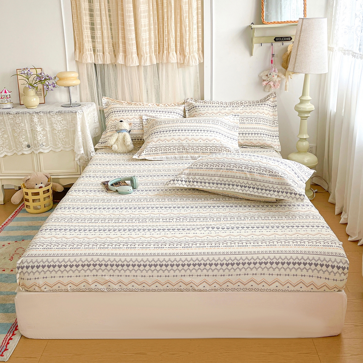 91家纺网 家纺一手货源 找家纺 （总）纽缦家纺 2026新款舒适透气细沙卡通印花老粗布床笠