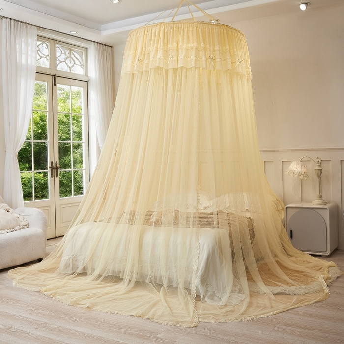 91家纺网 家纺一手货源 找家纺 梦尔佳蚊帐 2026新款蕾丝刺绣花好月圆圆顶蚊帐 奶黄