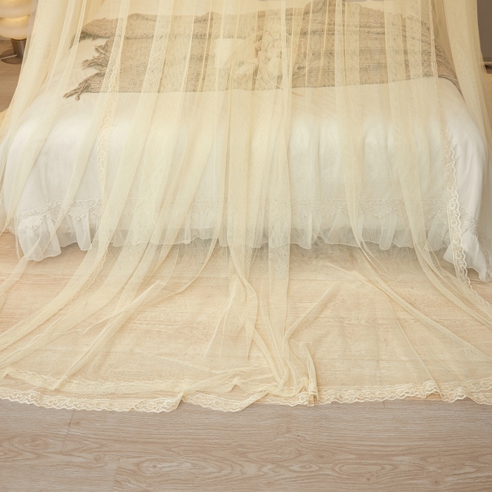 91家纺网 家纺一手货源 找家纺 梦尔佳蚊帐 2026新款蕾丝刺绣花好月圆圆顶蚊帐 奶黄