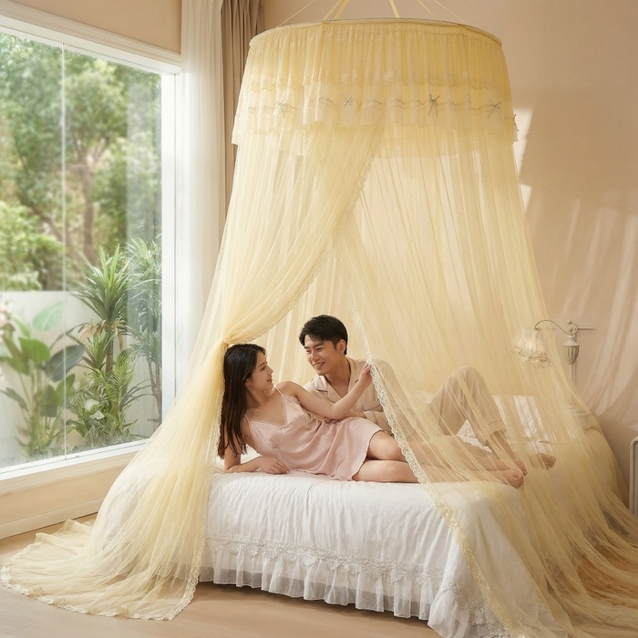 91家纺网 家纺一手货源 找家纺 梦尔佳蚊帐 2026新款蕾丝刺绣花好月圆圆顶蚊帐 奶黄