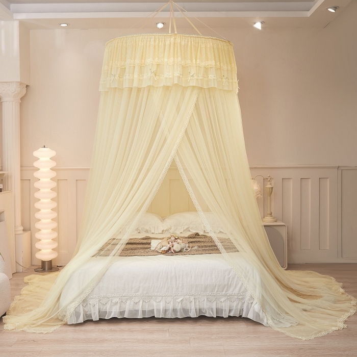 91家纺网 家纺一手货源 找家纺 梦尔佳蚊帐 2026新款蕾丝刺绣花好月圆圆顶蚊帐 奶黄