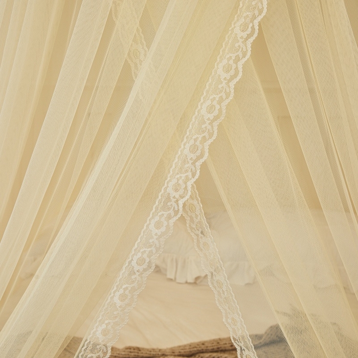 91家纺网 家纺一手货源 找家纺 梦尔佳蚊帐 2026新款蕾丝刺绣花好月圆圆顶蚊帐 奶黄