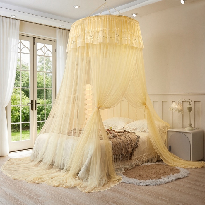 91家纺网 家纺一手货源 找家纺 梦尔佳蚊帐 2026新款蕾丝刺绣花好月圆圆顶蚊帐 奶黄