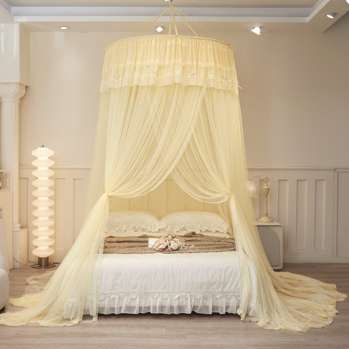 91家纺网 家纺一手货源 找家纺 梦尔佳蚊帐 2026新款蕾丝刺绣花好月圆圆顶蚊帐 奶黄