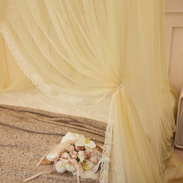 91家纺网 家纺一手货源 找家纺 梦尔佳蚊帐 2026新款蕾丝刺绣花好月圆圆顶蚊帐 奶黄