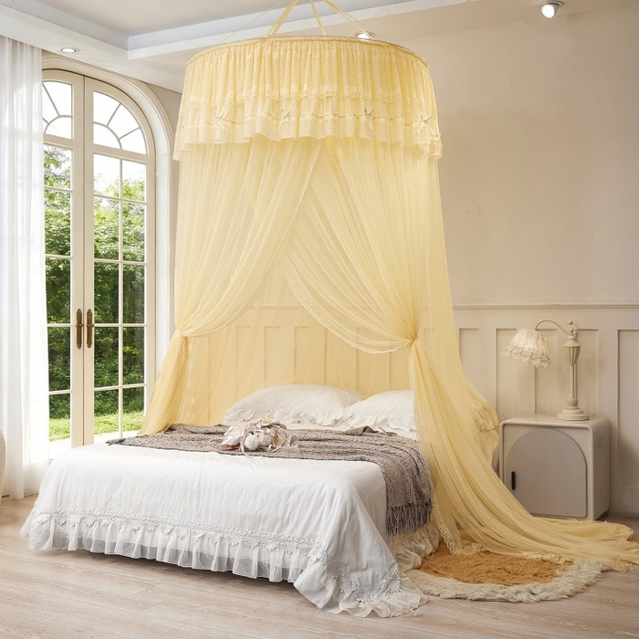 91家纺网 家纺一手货源 找家纺 梦尔佳蚊帐 2026新款蕾丝刺绣花好月圆圆顶蚊帐 奶黄