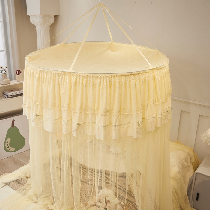 91家纺网 家纺一手货源 找家纺 梦尔佳蚊帐 2026新款蕾丝刺绣花好月圆圆顶蚊帐 奶黄