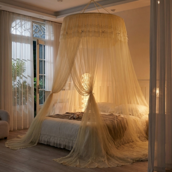 91家纺网 家纺一手货源 找家纺 梦尔佳蚊帐 2026新款蕾丝刺绣花好月圆圆顶蚊帐 奶黄