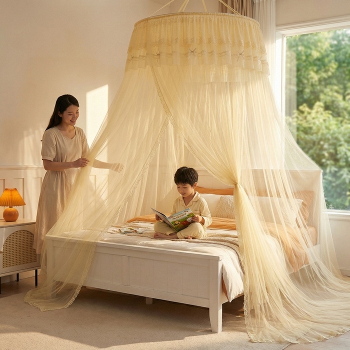 91家纺网 家纺一手货源 找家纺 梦尔佳蚊帐 2026新款蕾丝刺绣花好月圆圆顶蚊帐 奶黄