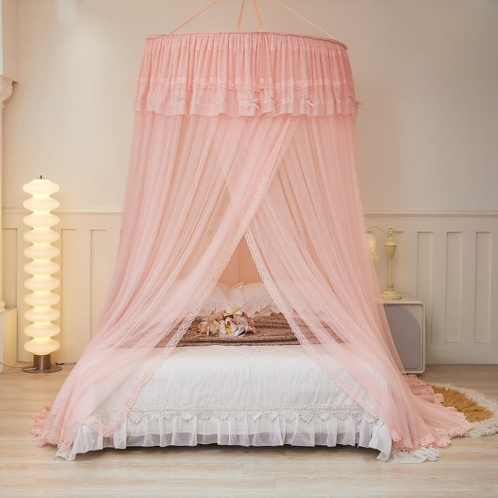 91家纺网 家纺一手货源 找家纺 梦尔佳蚊帐 2026新款蕾丝刺绣花好月圆圆顶蚊帐 玉色