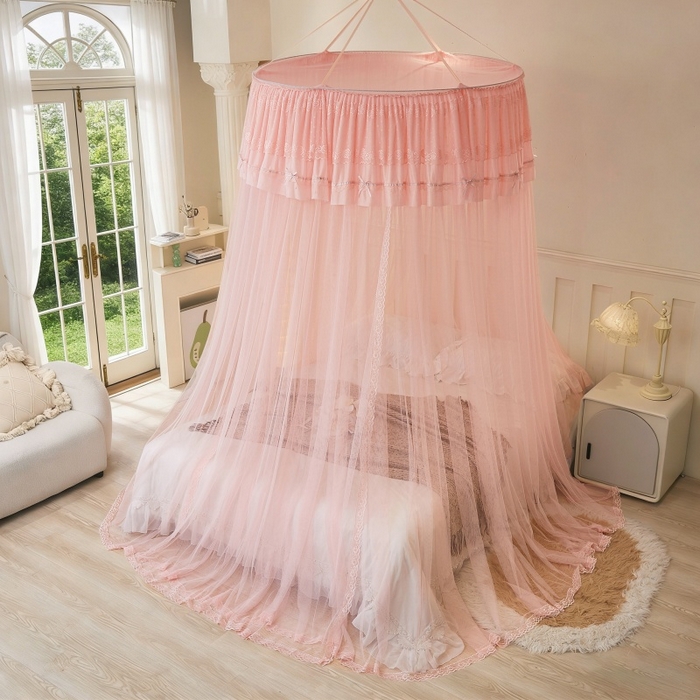 91家纺网 家纺一手货源 找家纺 梦尔佳蚊帐 2026新款蕾丝刺绣花好月圆圆顶蚊帐 玉色