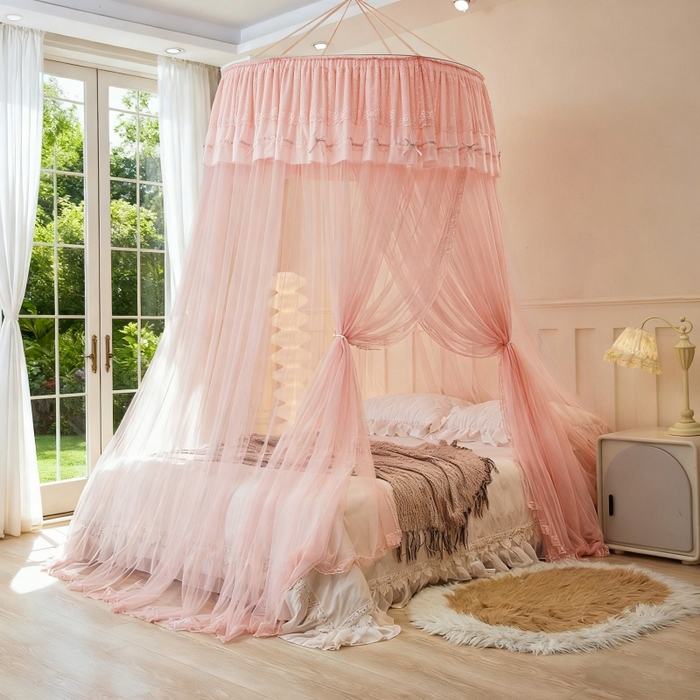 91家纺网 家纺一手货源 找家纺 梦尔佳蚊帐 2026新款蕾丝刺绣花好月圆圆顶蚊帐 玉色