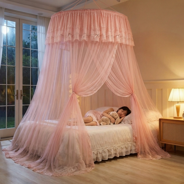 91家纺网 家纺一手货源 找家纺 梦尔佳蚊帐 2026新款蕾丝刺绣花好月圆圆顶蚊帐 玉色