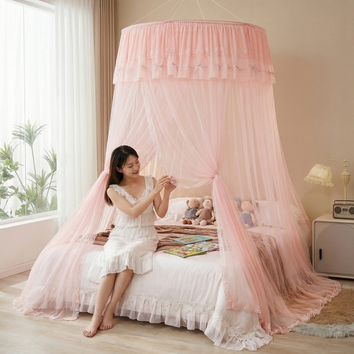 91家纺网 家纺一手货源 找家纺 梦尔佳蚊帐 2026新款蕾丝刺绣花好月圆圆顶蚊帐 玉色