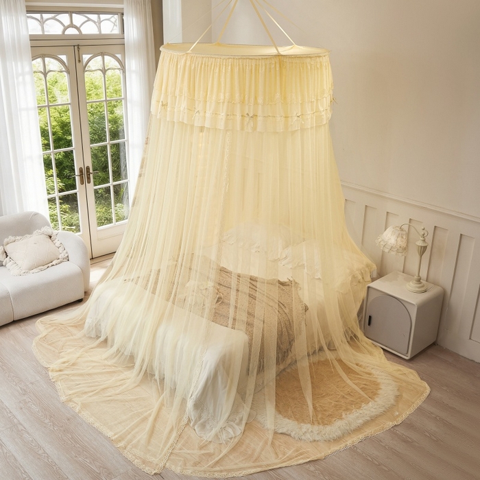 91家纺网 家纺一手货源 找家纺 梦尔佳蚊帐 2026新款蕾丝刺绣花好月圆圆顶蚊帐 奶黄