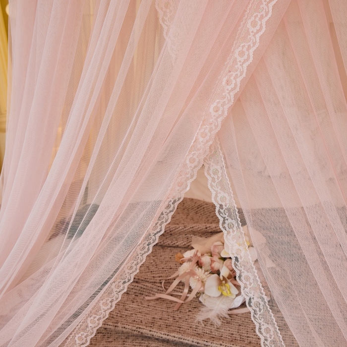 91家纺网 家纺一手货源 找家纺 梦尔佳蚊帐 2026新款蕾丝刺绣花好月圆圆顶蚊帐 玉色