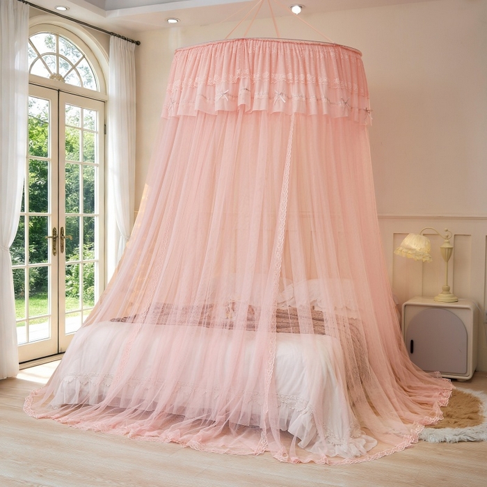 91家纺网 家纺一手货源 找家纺 梦尔佳蚊帐 2026新款蕾丝刺绣花好月圆圆顶蚊帐 玉色