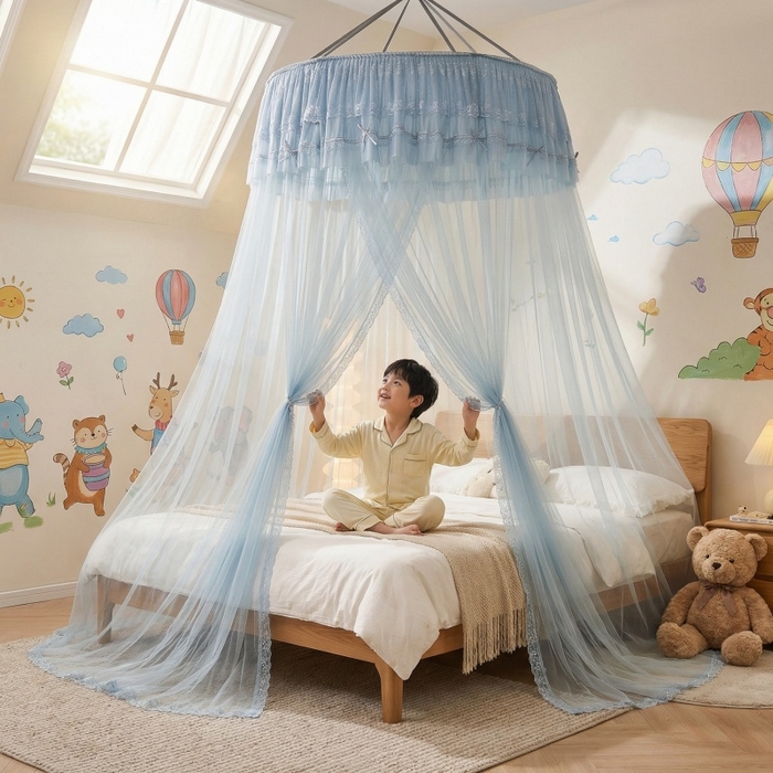 91家纺网 家纺一手货源 找家纺 梦尔佳蚊帐 2026新款蕾丝刺绣花好月圆圆顶蚊帐 蓝灰