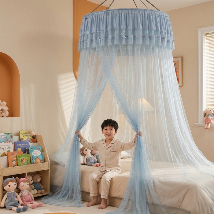 91家纺网 家纺一手货源 找家纺 梦尔佳蚊帐 2026新款蕾丝刺绣花好月圆圆顶蚊帐 蓝灰