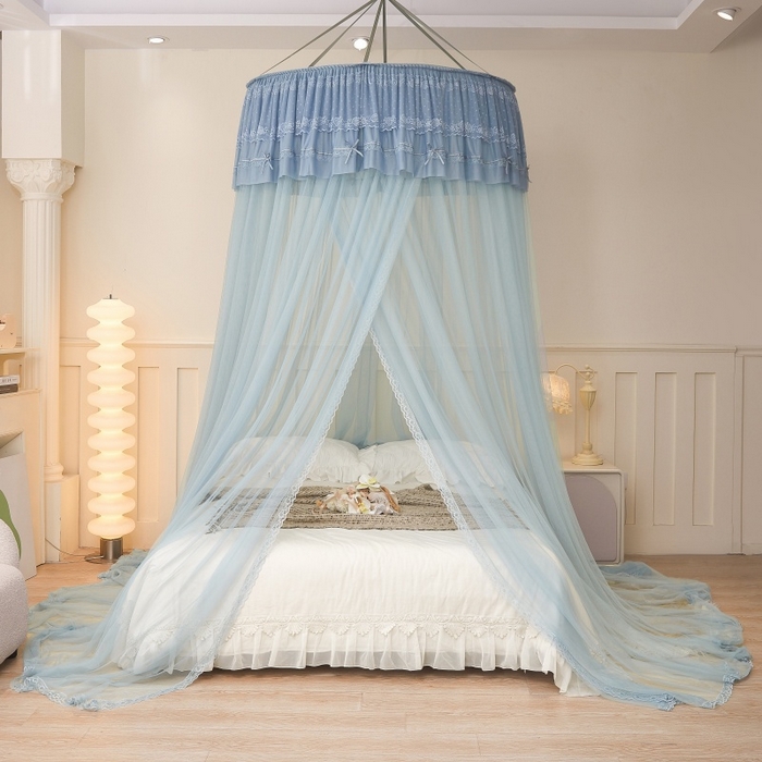 91家纺网 家纺一手货源 找家纺 梦尔佳蚊帐 2026新款蕾丝刺绣花好月圆圆顶蚊帐 蓝灰