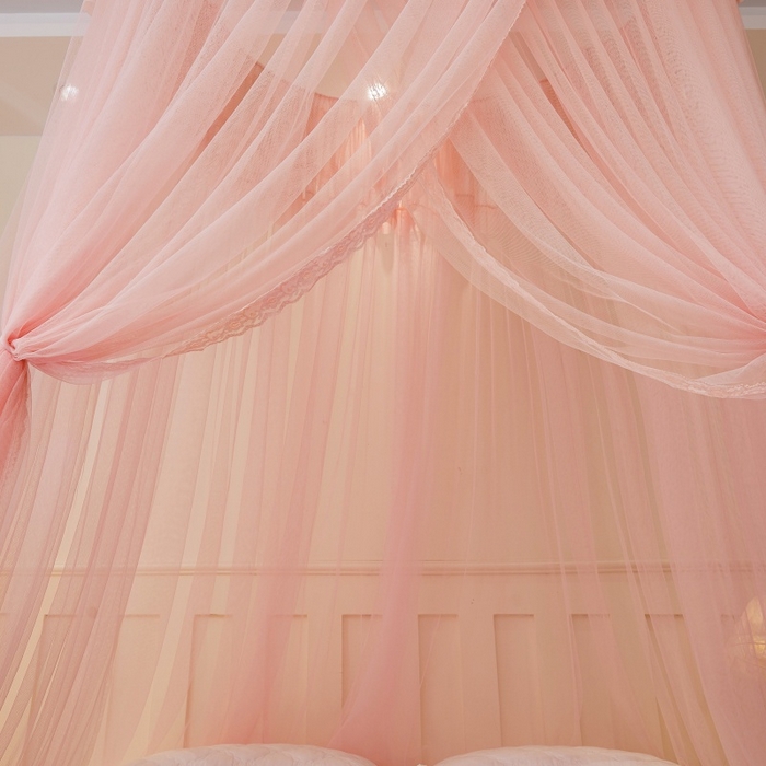 91家纺网 家纺一手货源 找家纺 梦尔佳蚊帐 2026新款蕾丝刺绣花好月圆圆顶蚊帐 玉色