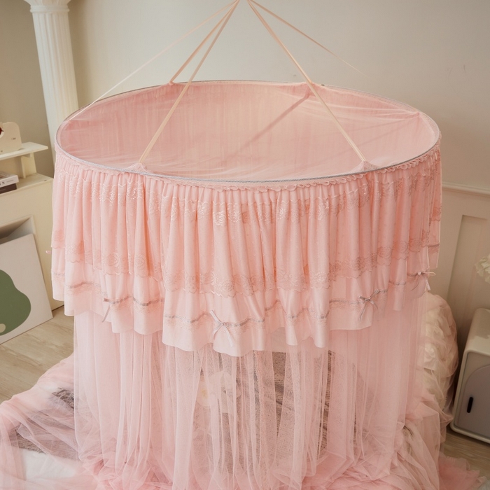 91家纺网 家纺一手货源 找家纺 梦尔佳蚊帐 2026新款蕾丝刺绣花好月圆圆顶蚊帐 玉色