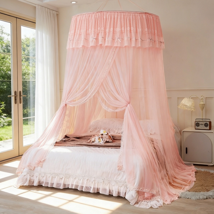 梦尔佳蚊帐 2026新款蕾丝刺绣花好月圆圆顶蚊帐 玉色