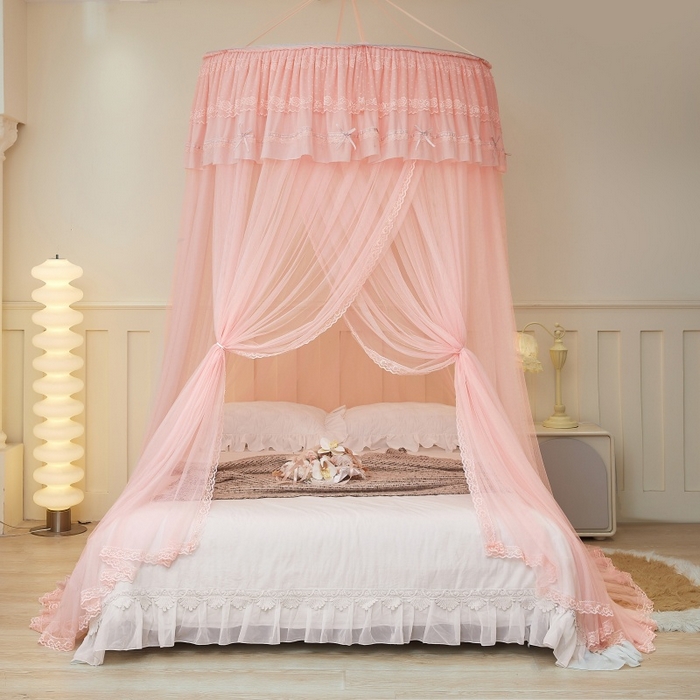 91家纺网 家纺一手货源 找家纺 梦尔佳蚊帐 2026新款蕾丝刺绣花好月圆圆顶蚊帐 玉色