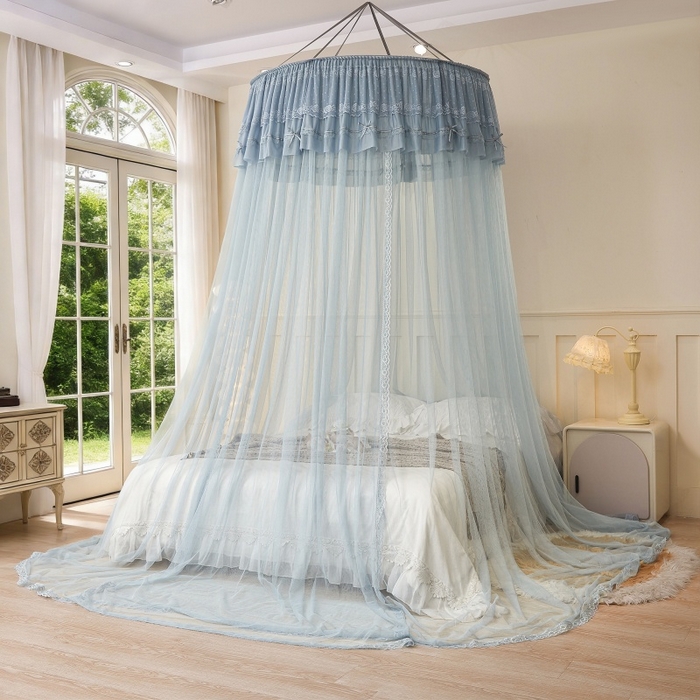 91家纺网 家纺一手货源 找家纺 梦尔佳蚊帐 2026新款蕾丝刺绣花好月圆圆顶蚊帐 蓝灰